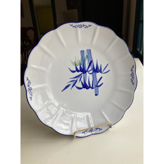 Vintage Fine Asian Porcelain ( bamboo & floral ) Design Blue and white Plate 9.90"D , Makers mark Asian letters ....
