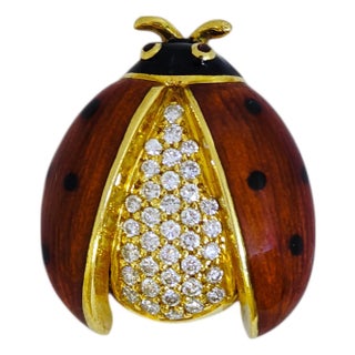 Vintage 18k Gold Enamel and Diamond Ladybug Brooch For Sale