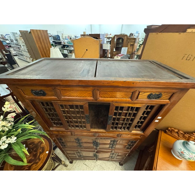 Mid 20th Century Vintage Korean-Style Wooden Storage Tansu Cabinet With Lattice Doors & Iron Hardware For Sale - Image 5 of 12