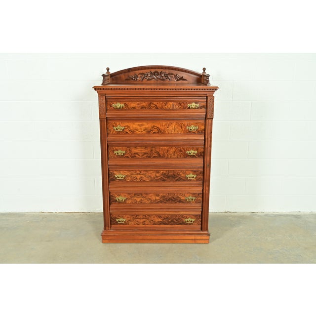Herter Brothers Style Antique Eastlake Victorian Carved Walnut and Burl Wood Highboy Dresser, Circa 1880s For Sale - Image 17 of 17