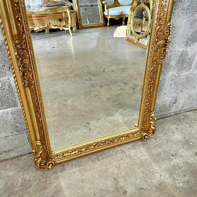 Ornate French Baroque Floor Mirror With Hand-Gilded Gold Leaf Frame & Cherub Details For Sale - Image 9 of 9