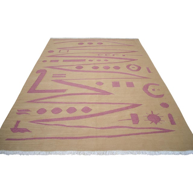 Handmade Modern Silk Rug Paul Klee Inspired Oushak Kilim Modernist Bauhaus Style Pink Beige 4x6 Ft Approx For Sale - Image 9 of 18