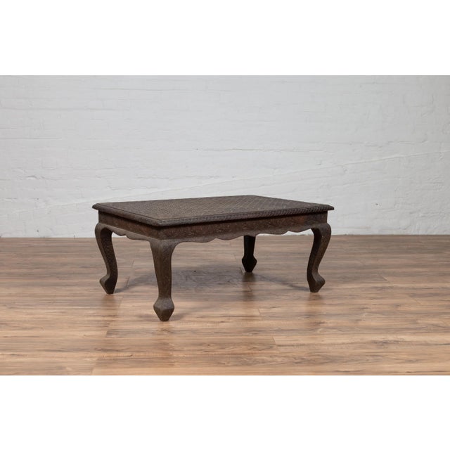 Chocolate Vintage Indian Coffee Table with Brushed Metal Patina over Wood and Floral Décor For Sale - Image 8 of 13