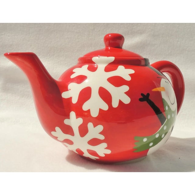 Figurative Vintage Hand Painted Red & White Snowman Porcelain Snowflake Christmas Holiday Teapot Tea Pot For Sale - Image 3 of 9