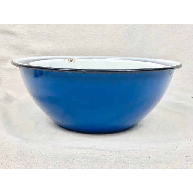 Vintage Blue Enamel Metal Mixing Bowls-A Pair For Sale - Image 11 of 11