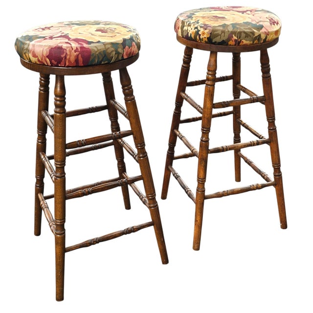 Pair Mid 20th Century Turned Walnut and Upholstered Barstools For Sale - Image 4 of 8