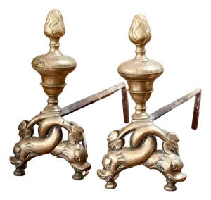 Pair of French Bronze Chenets “Aux Dauphins” Circa 1780, Dolphin Form Andirons