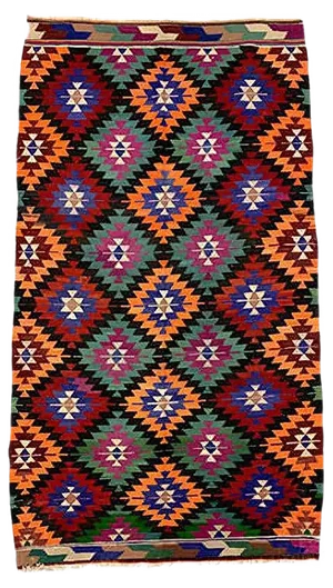 Vintage Turkish Red Orange Black & Green Kilim