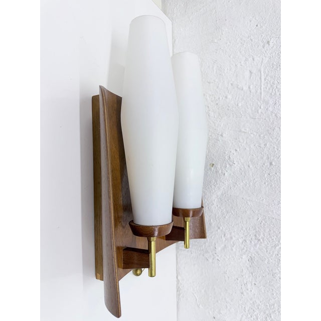 Danish Double Wall Lamp in Teak and Glass, 1960s For Sale - Image 6 of 9