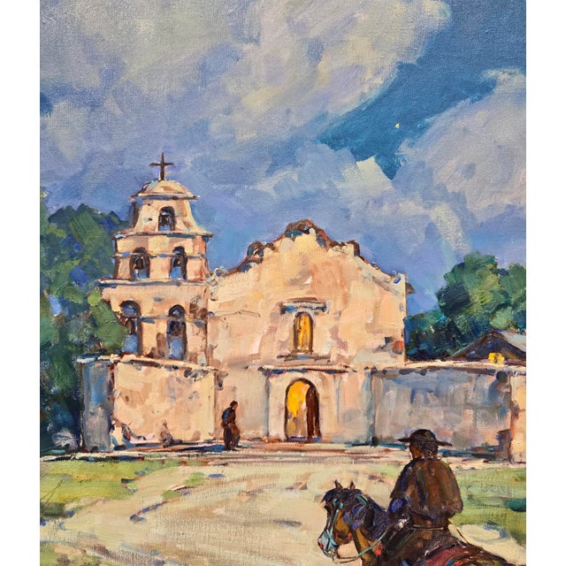 Textile Marjorie Reed –Franciscan Rider Approaching Mission San Diego De Alcalá at Dusk-Oil Painting For Sale - Image 7 of 13