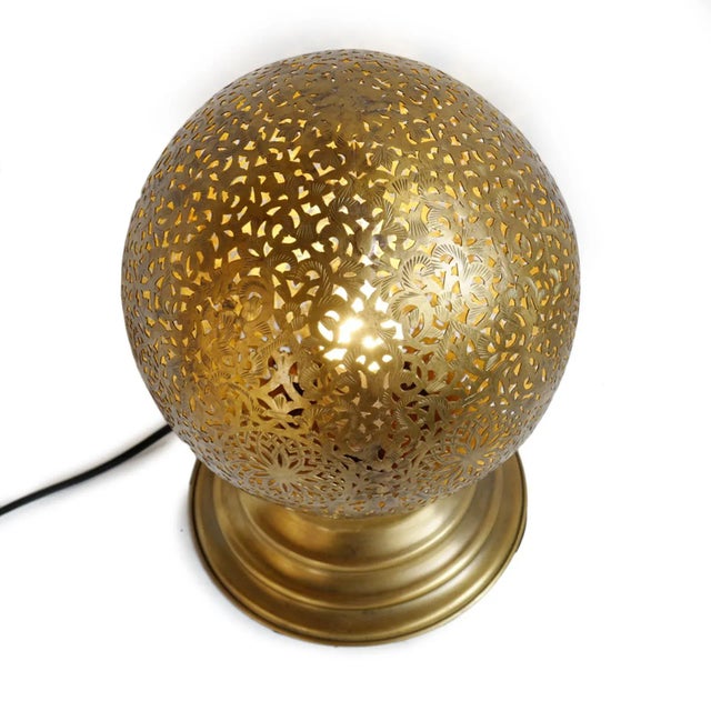 Beautiful vintage Moroccan brass globe table lamp. Hand crafted with intricate etched scroll work designs. These unique...