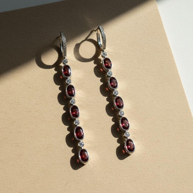 Garnet Huggie Drop Earrings, Silver, Gold, Pair For Sale - Image 6 of 7