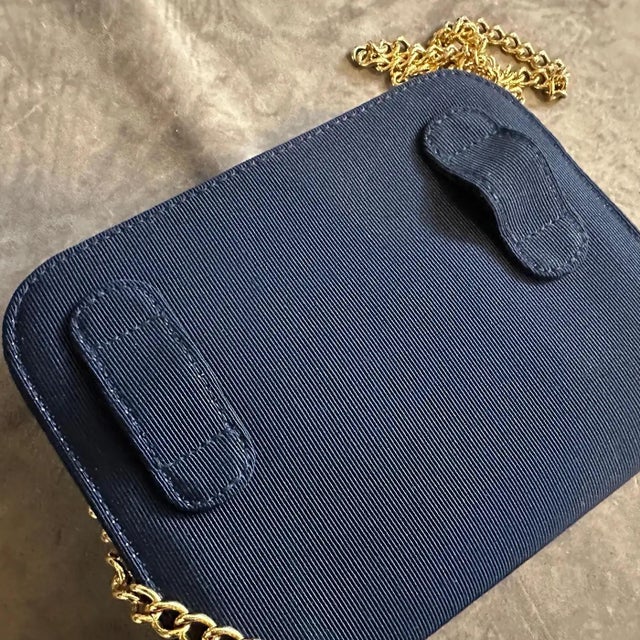1990s Elegant Blue Fabric and Brass Belt Hand Bag by Salvatore Ferragamo For Sale - Image 6 of 11