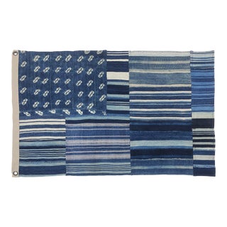 Vintage Indigo Shibori Denim Patchwork Mudcloth Flag For Sale