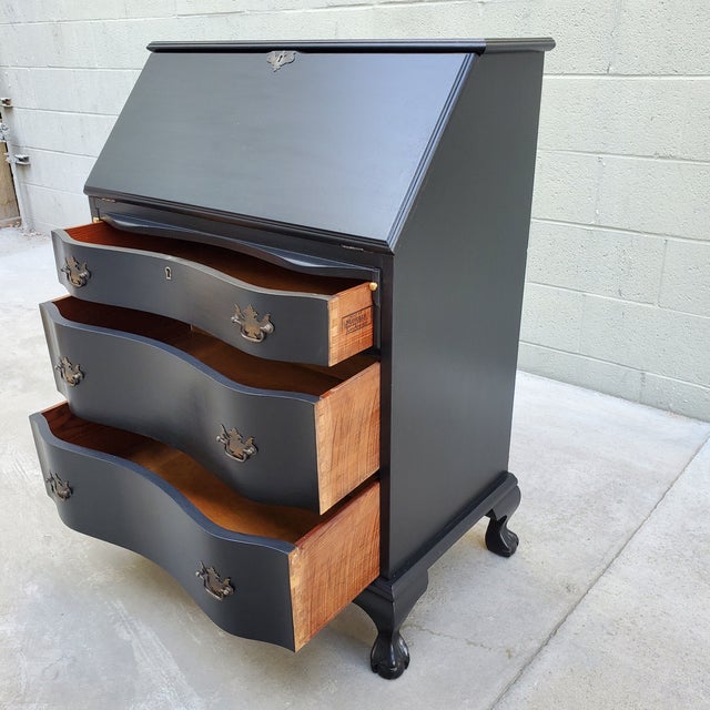 American 1940s Vintage Secretary Desk Painted Black & Plum For Sale - Image 3 of 12