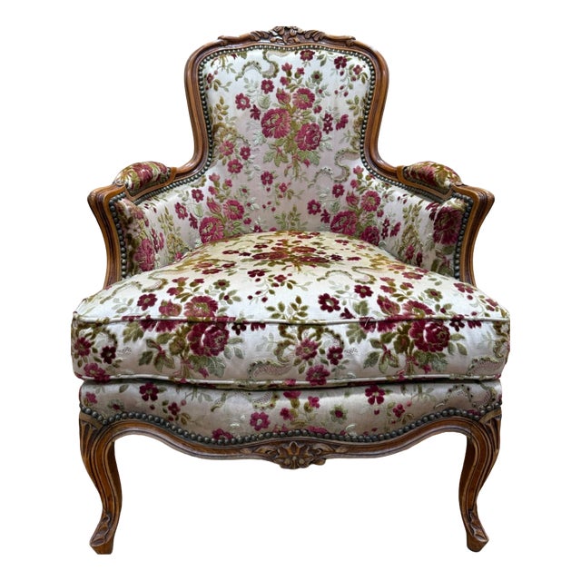 Louis XV Style Bergère Armchair in Cherrywood and Floral Velvet, 1980s For Sale