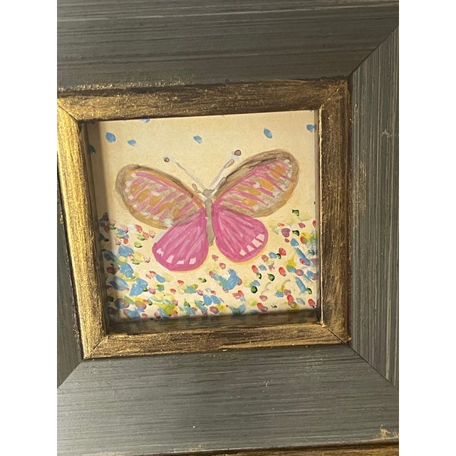 Two small abstract framed original art paintings acrylic on paper of Pink Lady Butterfly .
