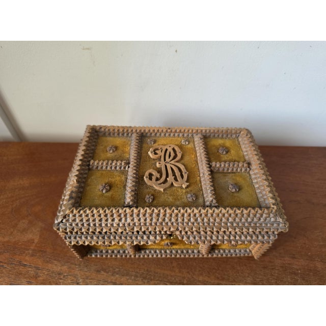 Late 20th Century Antique Tramp Art Box Hand Carved Folk Art Keepsake Box Monogram R Velvet Jewelry Box Primitive Wooden Storage Decor For Sale - Image 5 of 15