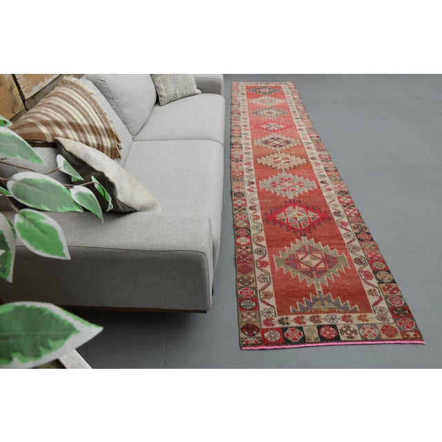 1970s Vintage Turkish Oushak Handmade Wool Cotton Orange Runner Rug For Sale - Image 4 of 11