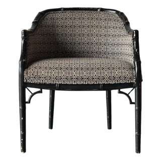 Vintage Black Lacquered Faux Bamboo Barrel-Back Armchair For Sale