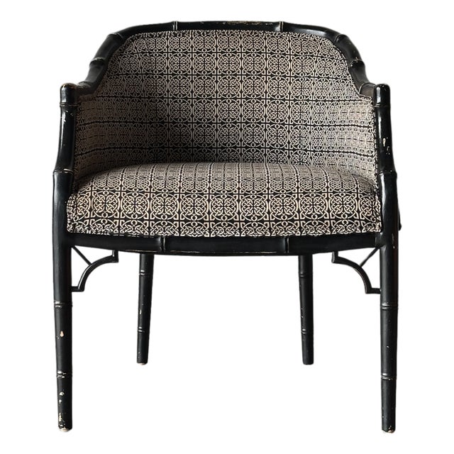 Vintage Black Lacquered Faux Bamboo Barrel-Back Armchair For Sale