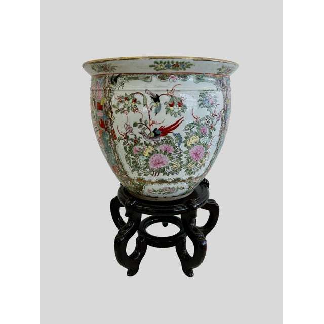 Large Hand-Painted Vintage Chinese Famille Rose Fishbowl Planter With Stand For Sale - Image 4 of 11