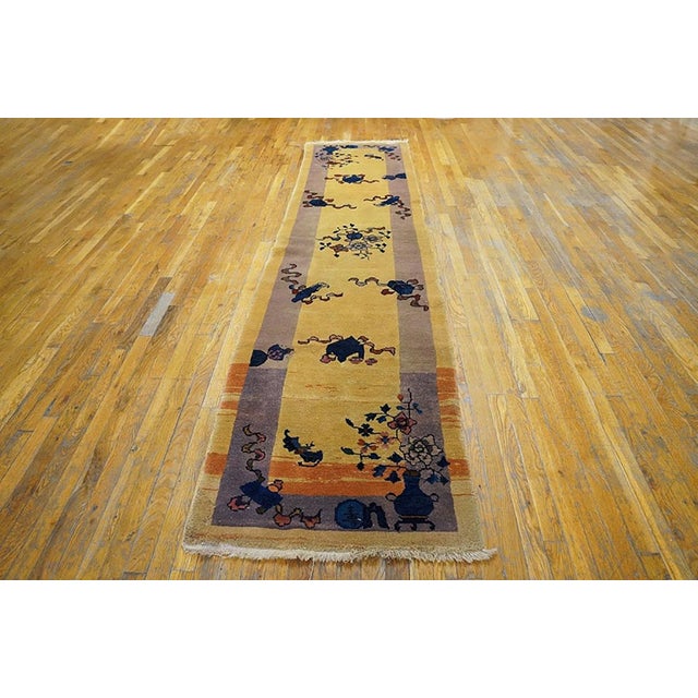 Art Deco 1920s Beige Floral Antique Chinese Art Deco Hand Knotted Rug 2'6" X 11'4" Wool Carpet For Sale - Image 3 of 6
