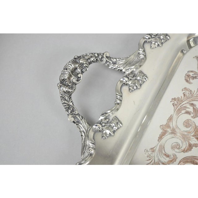 Vintage English Victorian Silver Plated Ornate Footed Serving Platter Bar Tray For Sale - Image 4 of 16
