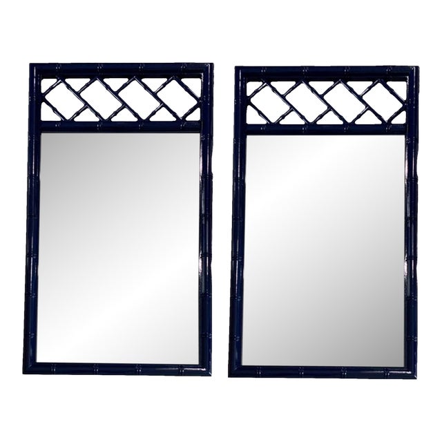 Vintage Faux Bamboo Navy Blue Chinoiserie Chippendale Palm Beach Wall Mirrors Pair For Sale