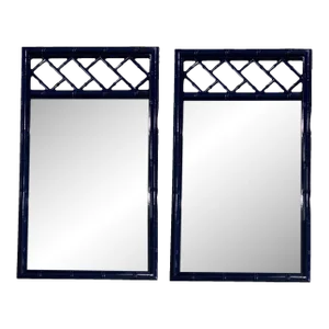 Vintage Faux Bamboo Navy Blue Chinoiserie Chippendale Palm Beach Wall Mirrors Pair
