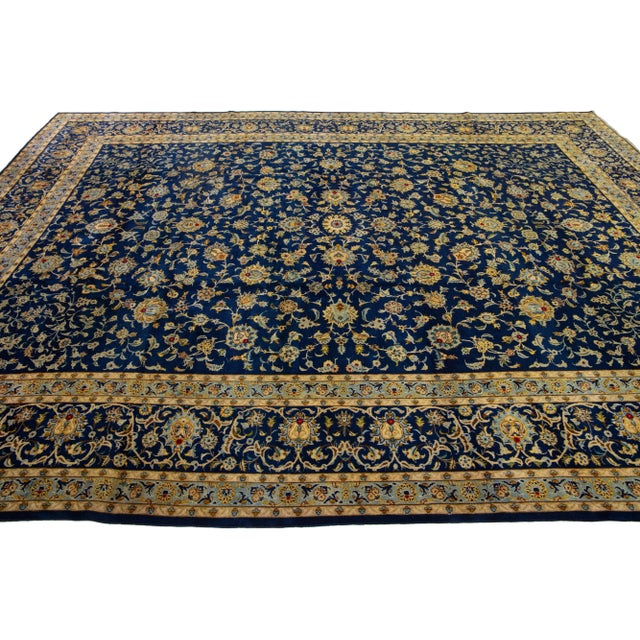 1960s 1960s Vintage Persian Kashan Handmade Blue Wool Rug With Floral Pattern For Sale - Image 5 of 7