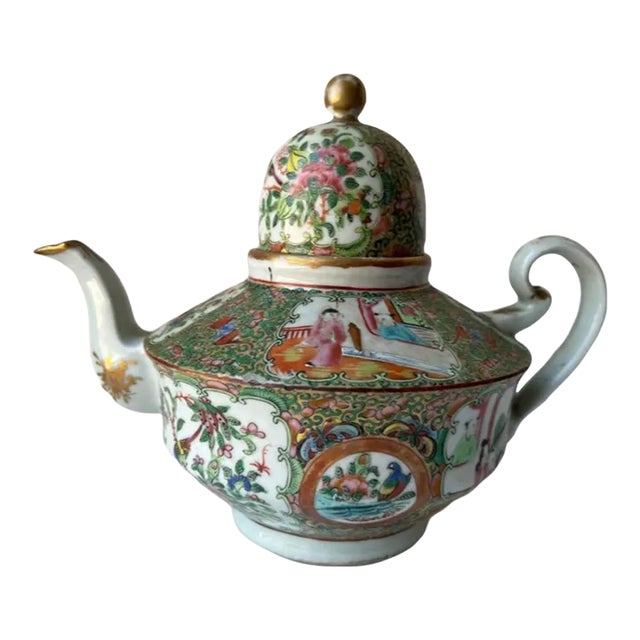 19th Century Antique Rose Medallion Teapot For Sale