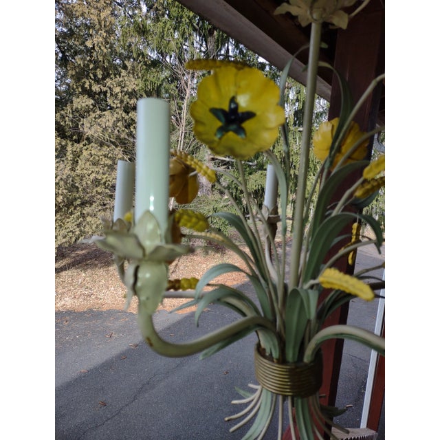Cheery Yellow and Sage Green 5 Arm painted tole Chandelier. Original paint, great condition. New candle covers, as the...