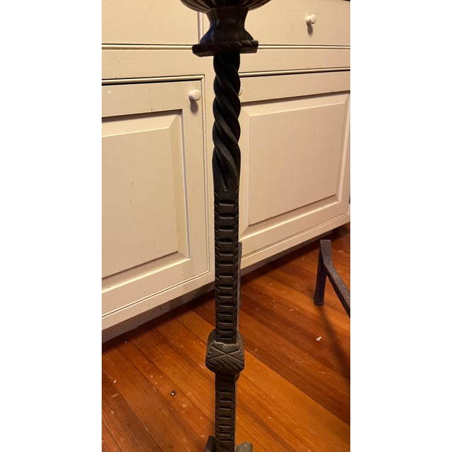 Very Large Antique 19th Century French Baroque Wrought Iron and Bronze Andirons With Gothic Tudor Arch for Limestone Fireplace Mantel For Sale - Image 10 of 15