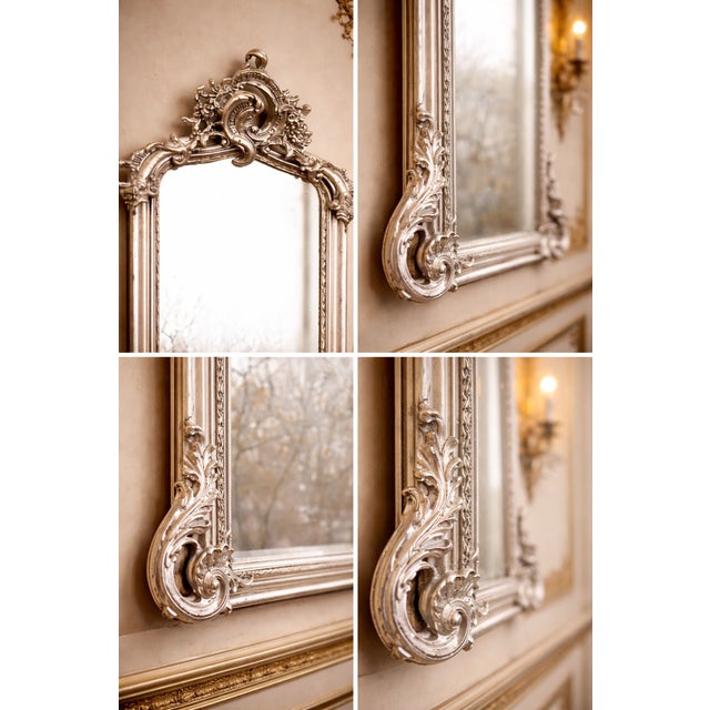 1980 European Baroque Silver Wood Floor Mirror For Sale - Image 6 of 7