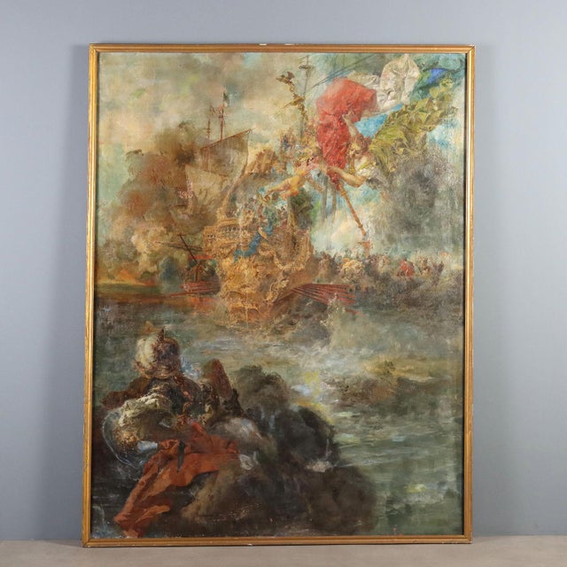Naval Battle with Allegorical Figure, 19th Century, Oil Painting on Canvas, Framed For Sale - Image 15 of 15