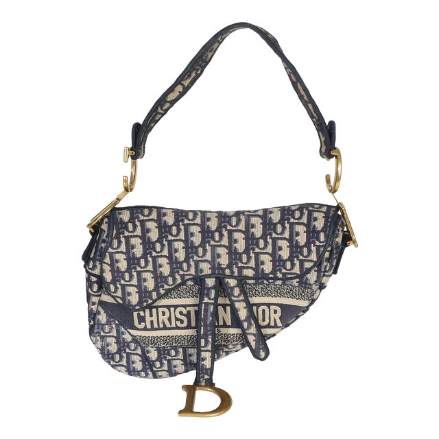 Blue Oblique Embroidered Medium Saddle Bag For Sale