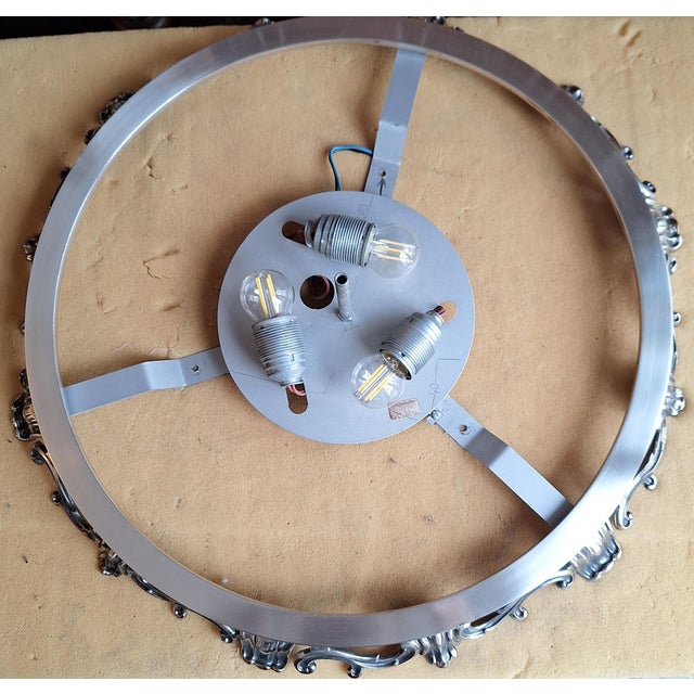 Metal Large Vintage Ceiling Lamp with Silver-Plated Metal Frame and Clear Relief Glass Shade from Kaiser-Leuchten, 1970s For Sale - Image 7 of 9