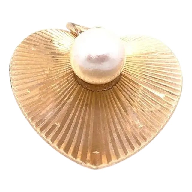 14 Karat Yellow Gold Heart Pendant With Pearl Center For Sale
