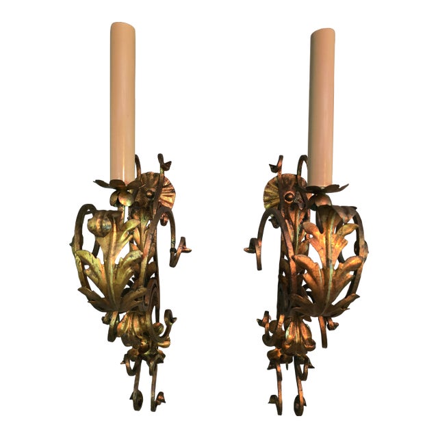Vintage Italian Gilt Pair Sconces For Sale