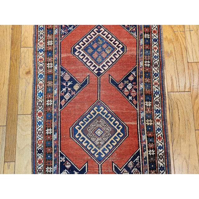 Antique Persian Kurdish Bidjar Runner Rug, Hand-Knotted Wool, Geometric Pattern, Terracotta & Navy, 3x13 For Sale - Image 12 of 17