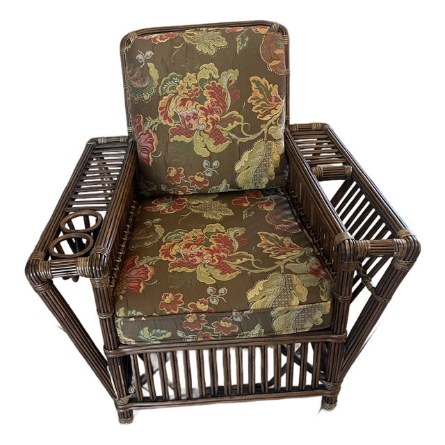 Stunning Vintage Coastal Palecek President’s Stick Rattan Lounge Chair For Sale