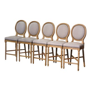 Vintage Louis XVI Style Carved Light Oak Counter Stools, Set of Five For Sale