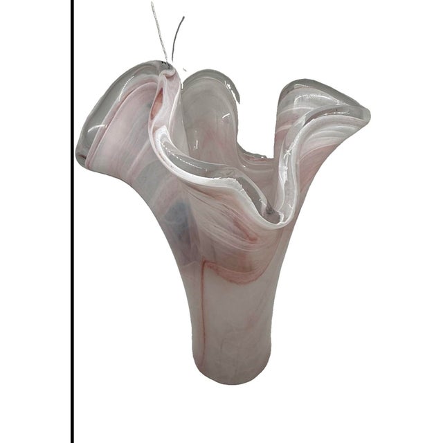 Pink Tammaro Home Murano Style Pink & White Swirl Art Glass Handkerchief Vase For Sale - Image 8 of 11