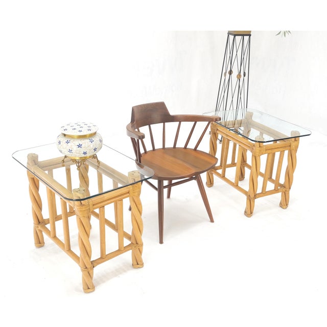 Pair Decorative Twisted Rattan Rectangle End Side Tables Stand Rounded Glass Top For Sale - Image 9 of 12