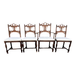 Antique Spanish Revival Solid Walnut Dining Chairs With New Kravet Upholstery - Set of 4 - Early 20th Century For Sale