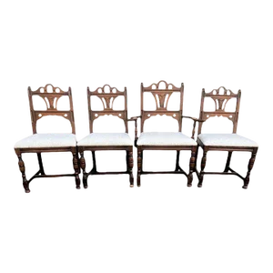 Antique Spanish Revival Solid Walnut Dining Chairs With New Kravet Upholstery - Set of 4 - Early 20th Century