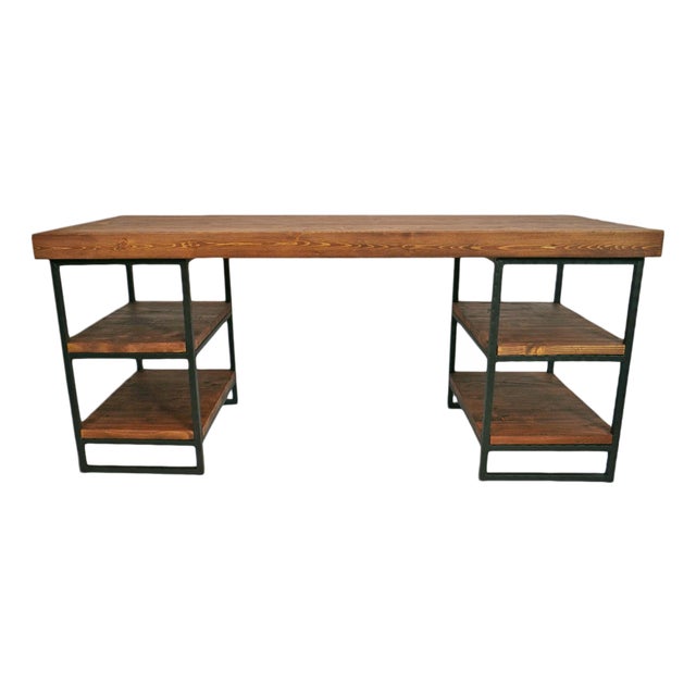 Reclaimed Wood & Iron Shelf Desk For Sale