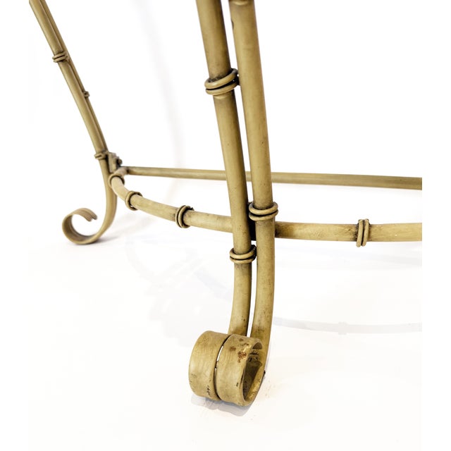 Hollywood Regency Metal Faux Bamboo Demilune Console Table and Mirror - Set of 2 For Sale - Image 12 of 13