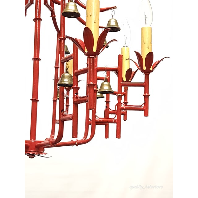 Metal Massive Vintage Italian Tole Red Faux Bamboo Birdcage Chandelier With Bells ~ Rewired ~ Restored ~ Rejuvenated ~ Ready to Hang ~ For Sale - Image 7 of 12